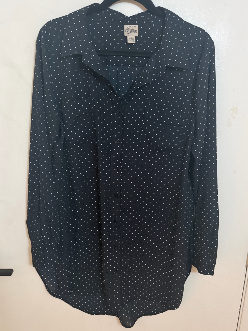 Women’s Como Vintage Black & White Polka Dot Button-Down Shirt Top Large L
